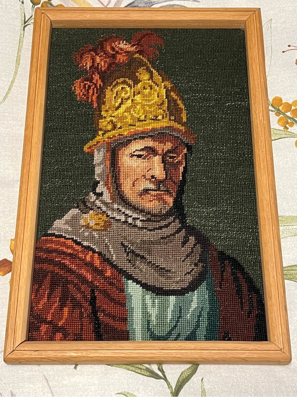 Vintage Framed The Man With The Golden Helmet Needlepoint Art